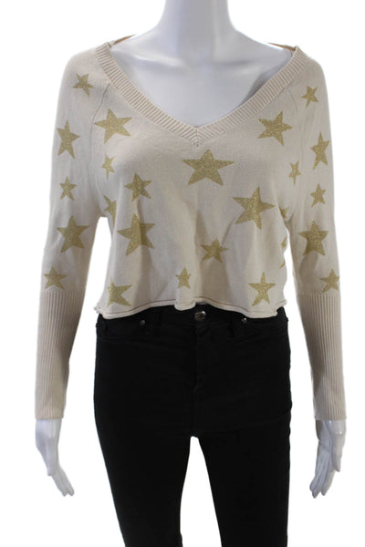 Chaser Womens Long Sleeve V Neck Metallic Star Cropped Sweater Beige Size XS