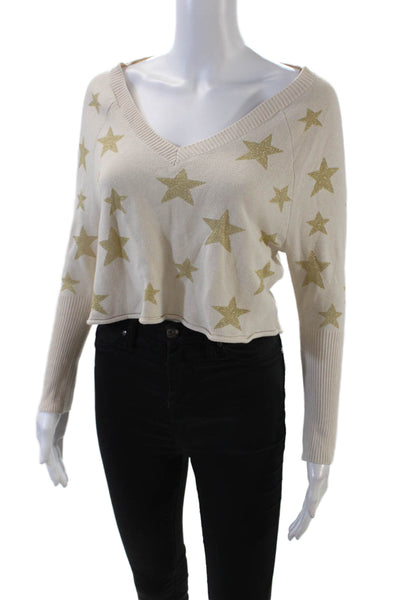 Chaser Womens Long Sleeve V Neck Metallic Star Cropped Sweater Beige Size XS