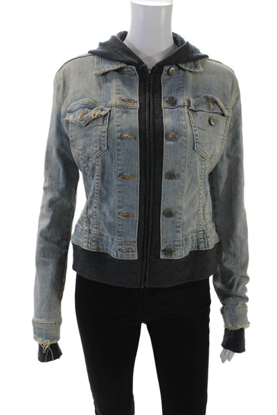 Jet John Eshaya Womens Denim Hooded Button Down Jacket Blue Cotton Size Small