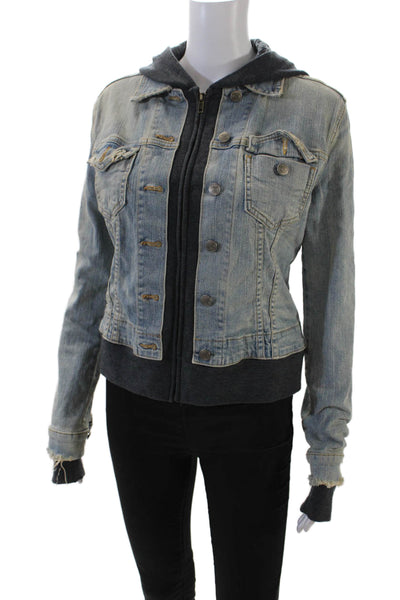 Jet John Eshaya Womens Denim Hooded Button Down Jacket Blue Cotton Size Small