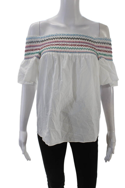Parker Womens Smocked Short Sleeves Blouse White Multi Colored Cotton Size Small
