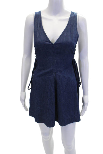 Intermix Womens Cotton Lace Up V-Neck Sleeveless Fit + Flare Dress Blue Size 2