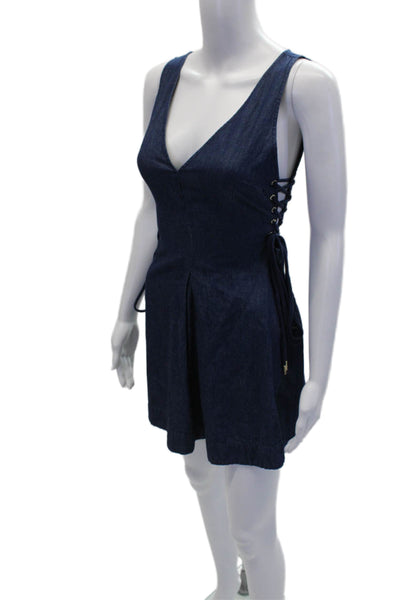 Intermix Womens Cotton Lace Up V-Neck Sleeveless Fit + Flare Dress Blue Size 2