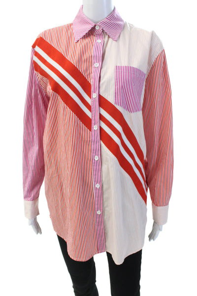 Solid & Striped Womens Cotton Striped Collared Button Up Blouse Top Pink Size S