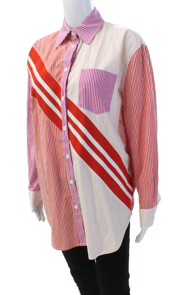 Solid & Striped Womens Cotton Striped Collared Button Up Blouse Top Pink Size S