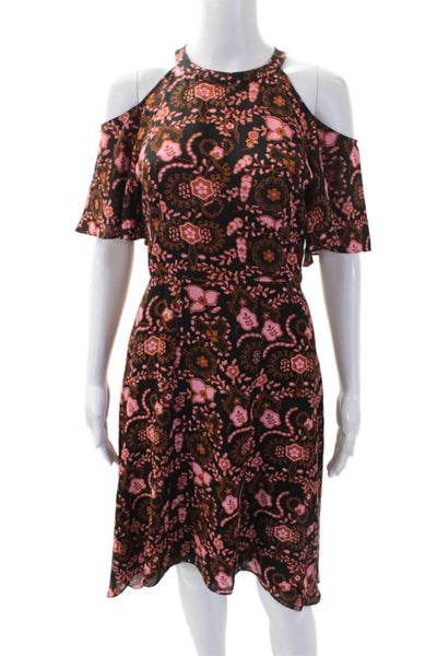 A.L.C. Womens Silk Floral Print Cold Shoulder A Line Maxi Dress Black Pink Size