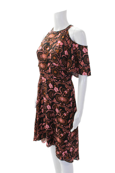 A.L.C. Womens Silk Floral Print Cold Shoulder A Line Maxi Dress Black Pink Size