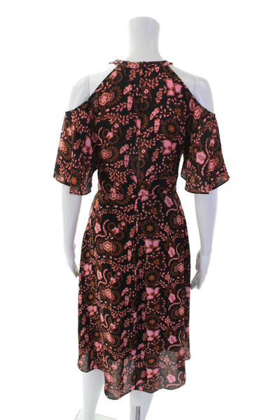 A.L.C. Womens Silk Floral Print Cold Shoulder A Line Maxi Dress Black Pink Size