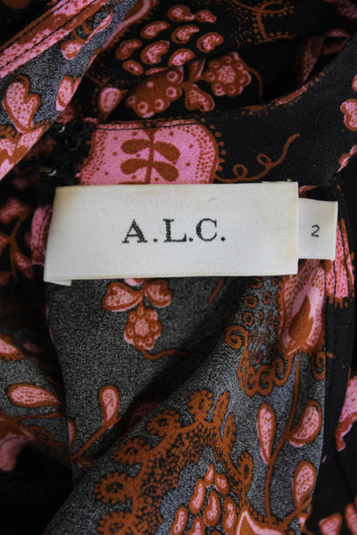 A.L.C. Womens Silk Floral Print Cold Shoulder A Line Maxi Dress Black Pink Size