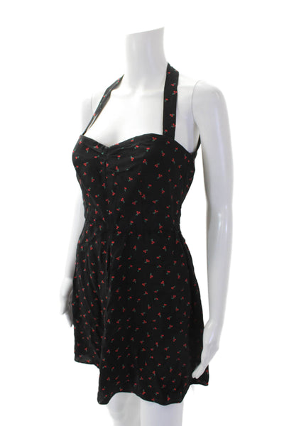 Bec & Bridge Womens Cherry Print Halter Neck A Line Dress Black Red Size 4
