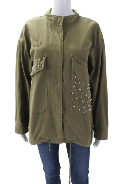Trf Collection Womens Cotton Embellished Pearl Button Up Jacket Zara Green Size