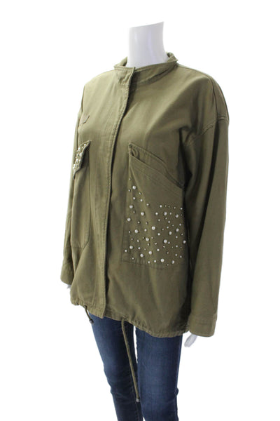 Trf Collection Womens Cotton Embellished Pearl Button Up Jacket Zara Green Size