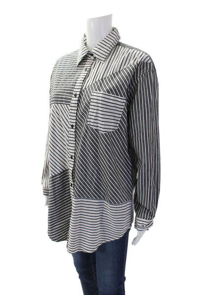 Solid & Striped Womens Button Front Collared Striped Shirt White Black Small