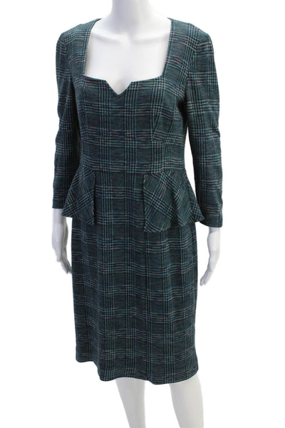 Nanette Lepore Womens Plaid Long Sleeve Sweetheart Peplum Dress Green Size 10