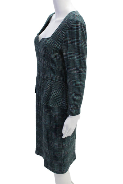 Nanette Lepore Womens Plaid Long Sleeve Sweetheart Peplum Dress Green Size 10