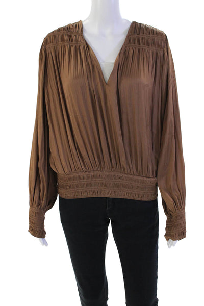Frame Womens Smocked Long Sleeves V Neck Blouse Acorn Brown Size Medium