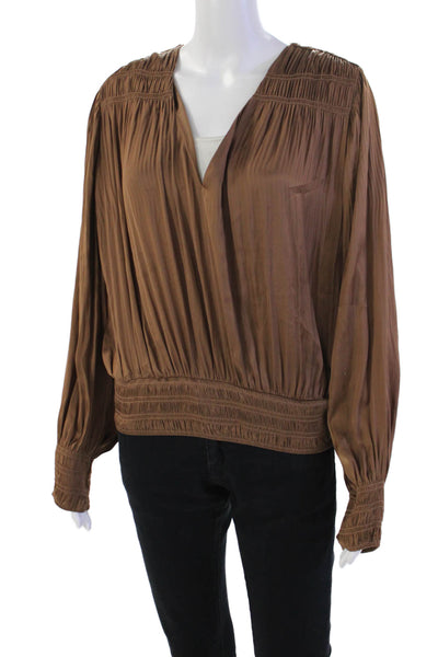 Frame Womens Smocked Long Sleeves V Neck Blouse Acorn Brown Size Medium