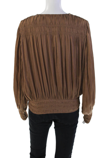 Frame Womens Smocked Long Sleeves V Neck Blouse Acorn Brown Size Medium