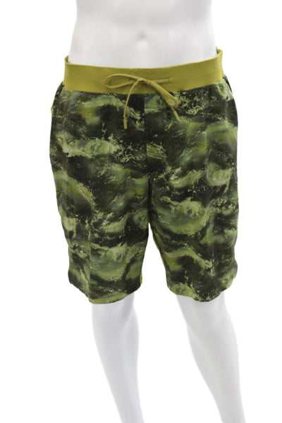 Lululemon Mens Abstract Print Drawstring Waist Shorts Green Size Extra Large