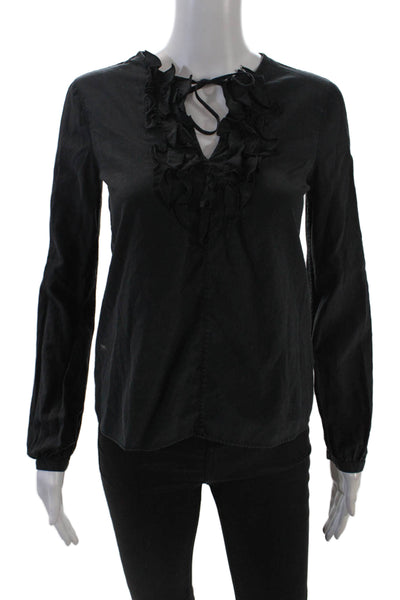 Piazza Sempione Women's Round Neck Long Sleeves Ruffle Blouse Black Size S