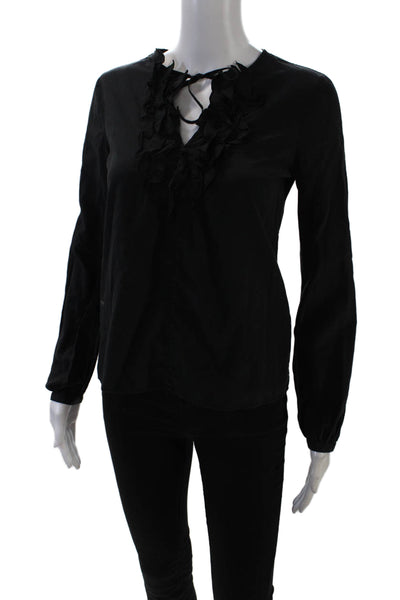 Piazza Sempione Women's Round Neck Long Sleeves Ruffle Blouse Black Size S