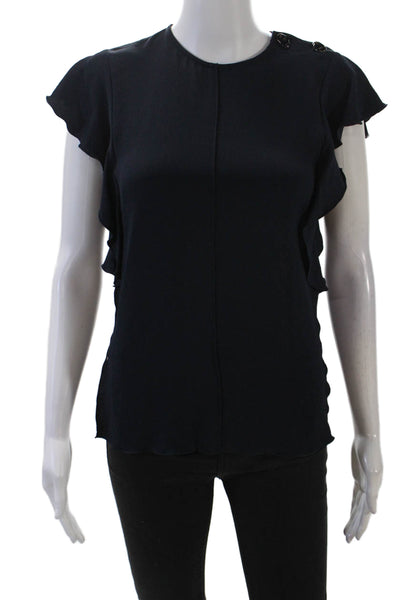 Derek Lam 10 Crosby Womens Round Neck Cap Sleeves Ruffle Blouse Navy Blue Size 0
