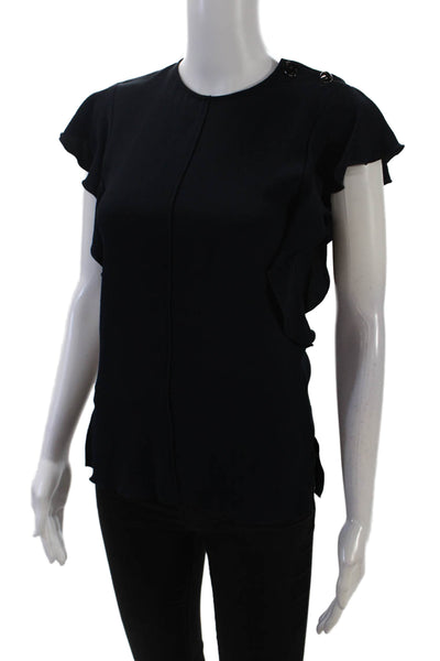 Derek Lam 10 Crosby Womens Round Neck Cap Sleeves Ruffle Blouse Navy Blue Size 0