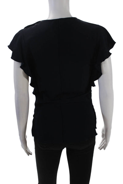 Derek Lam 10 Crosby Womens Round Neck Cap Sleeves Ruffle Blouse Navy Blue Size 0