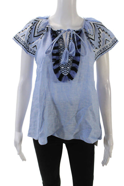 Parker Women's Short Sleeves Tassel Fringe Linen Blouse Light Blue Size XS