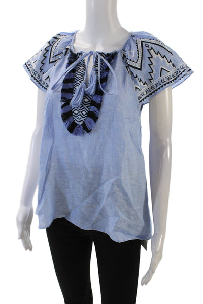 Parker Women's Short Sleeves Tassel Fringe Linen Blouse Light Blue Size XS