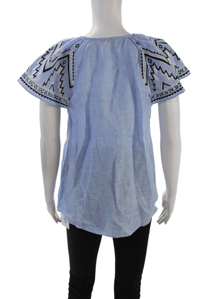 Parker Women's Short Sleeves Tassel Fringe Linen Blouse Light Blue Size XS