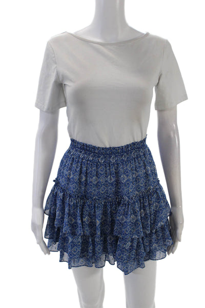 Misa Women's Smocked Waist Ruffle Tiered Lined Mini Skirt Blue Floral Size XS