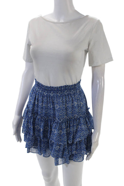 Misa Women's Smocked Waist Ruffle Tiered Lined Mini Skirt Blue Floral Size XS