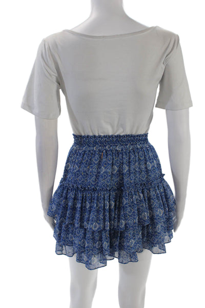 Misa Women's Smocked Waist Ruffle Tiered Lined Mini Skirt Blue Floral Size XS