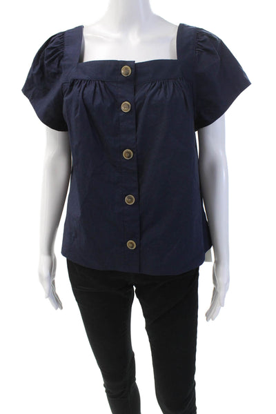 J Crew Womens Short Sleeves Button Down Shirt Navy Blue Cotton Size Small