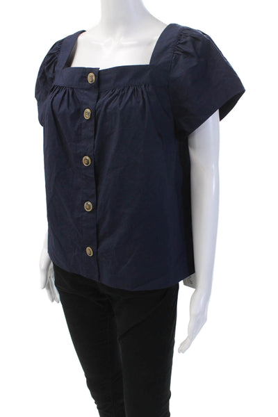J Crew Womens Short Sleeves Button Down Shirt Navy Blue Cotton Size Small