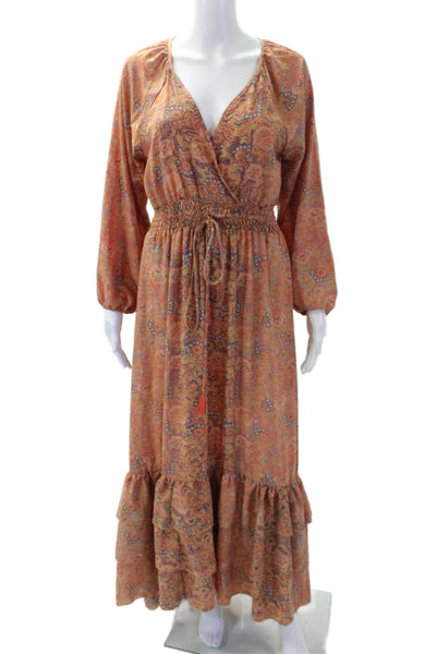 Boemo Women's V-Neck Long Sleeves Tassel Ruffle Tiered Maxi Dress Paisley Size S