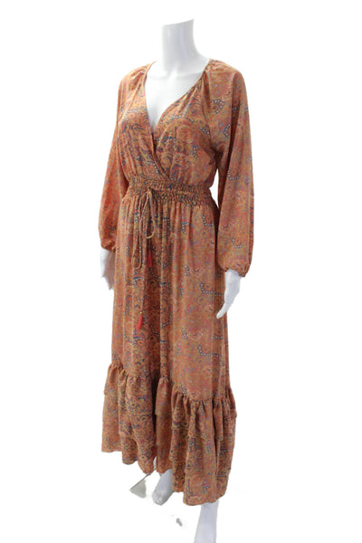 Boemo Women's V-Neck Long Sleeves Tassel Ruffle Tiered Maxi Dress Paisley Size S