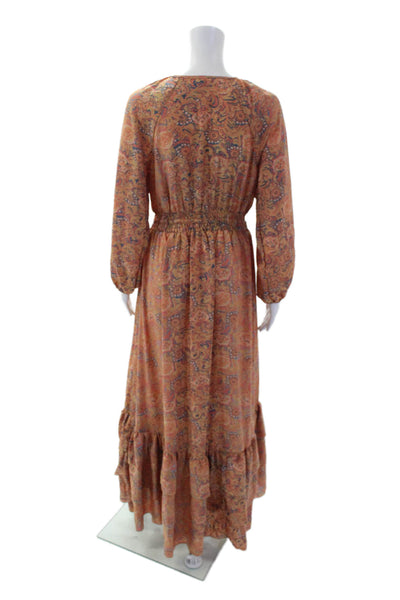 Boemo Women's V-Neck Long Sleeves Tassel Ruffle Tiered Maxi Dress Paisley Size S