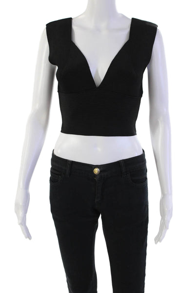 Paola Bernardi Womens Sleeveless Deep V Neck Ribbed Knit Crop Top Black Medium