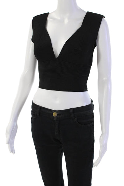 Paola Bernardi Womens Sleeveless Deep V Neck Ribbed Knit Crop Top Black Medium