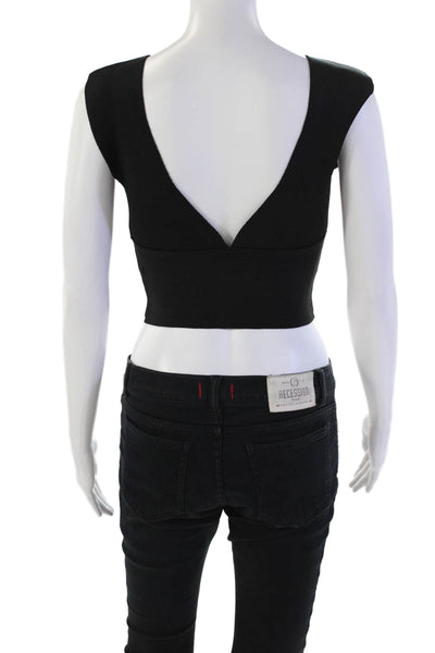 Paola Bernardi Womens Sleeveless Deep V Neck Ribbed Knit Crop Top Black Medium