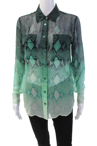 Equipment Femme Womens Silk Animal Print Button Up Blouse Top Green Size XS