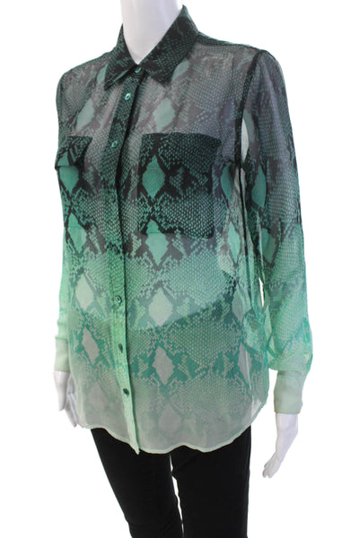 Equipment Femme Womens Silk Animal Print Button Up Blouse Top Green Size XS