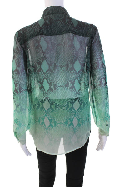 Equipment Femme Womens Silk Animal Print Button Up Blouse Top Green Size XS