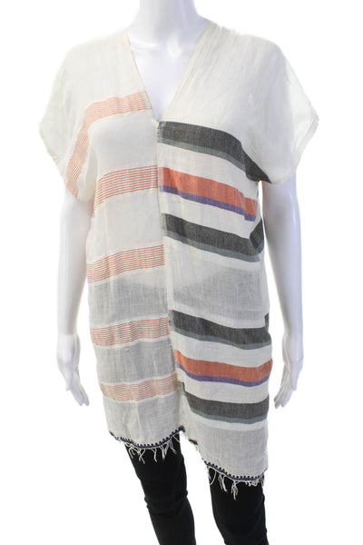 Lem Lem Womens Cotton Blend Striped V-Neck Short Sleeve Blouse Top Orange Size S