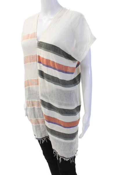 Lem Lem Womens Cotton Blend Striped V-Neck Short Sleeve Blouse Top Orange Size S