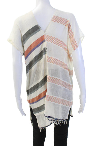 Lem Lem Womens Cotton Blend Striped V-Neck Short Sleeve Blouse Top Orange Size S