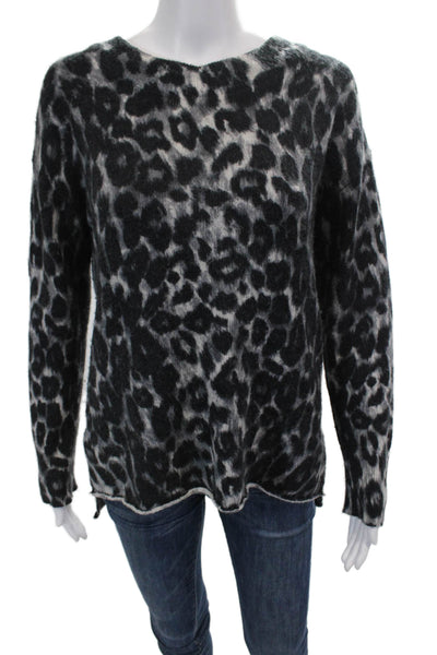 Rachel Zoe Womens Long Sleeve Leopard Print Scoop Neck Sweater Gray Black XS