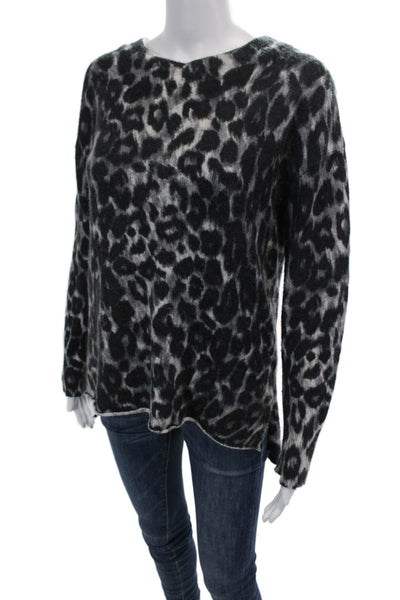 Rachel Zoe Womens Long Sleeve Leopard Print Scoop Neck Sweater Gray Black XS